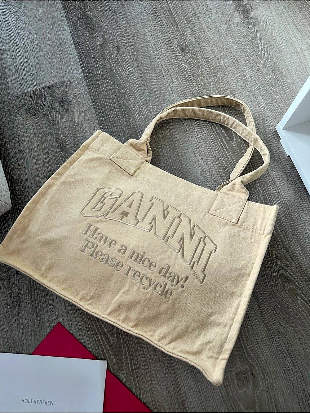 GANNI Large Recycled Cotton Tote Bag in Beige